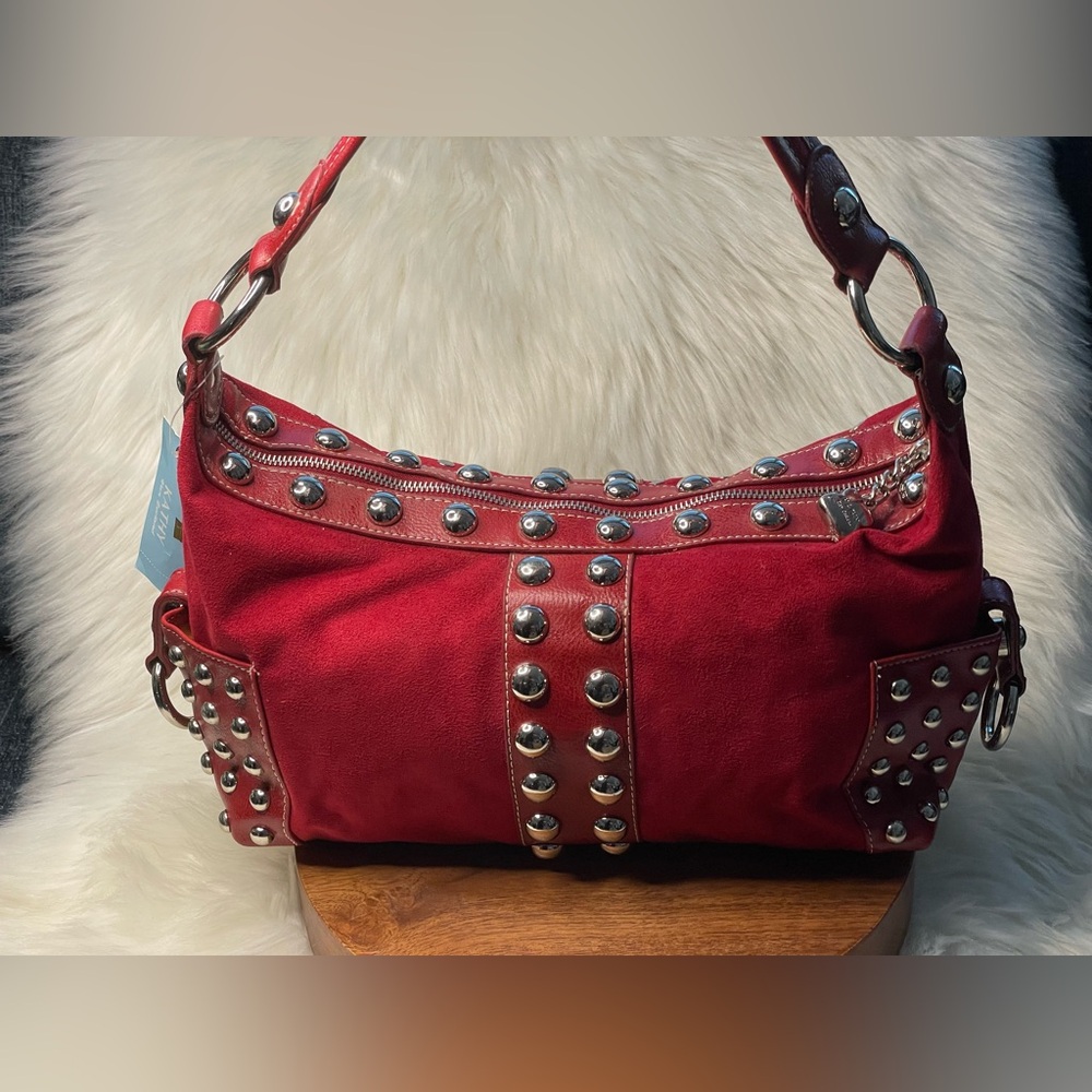 KATHY VAN ZEELAND Red Faux Suede w/Silver Tone Stud Detail Shoulder Bag - Picture 2 of 10